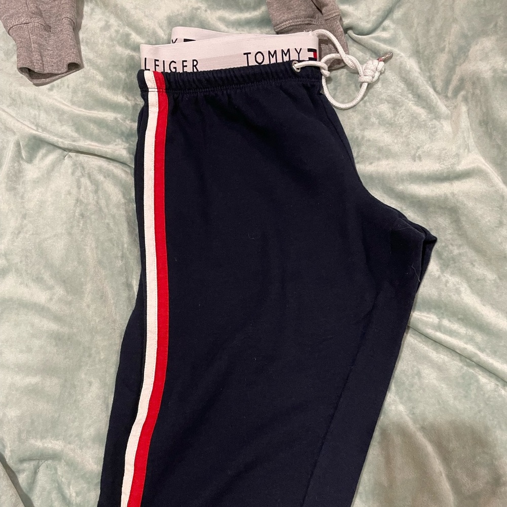 Tommy Hilfiger sweatpants, good condition, navy blue with white and red stripes